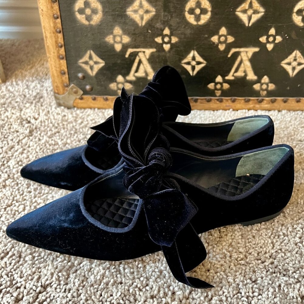 Tory Burch Clara Navy Blue Velvet Bow Flats, NEW - Picture 2 of 5